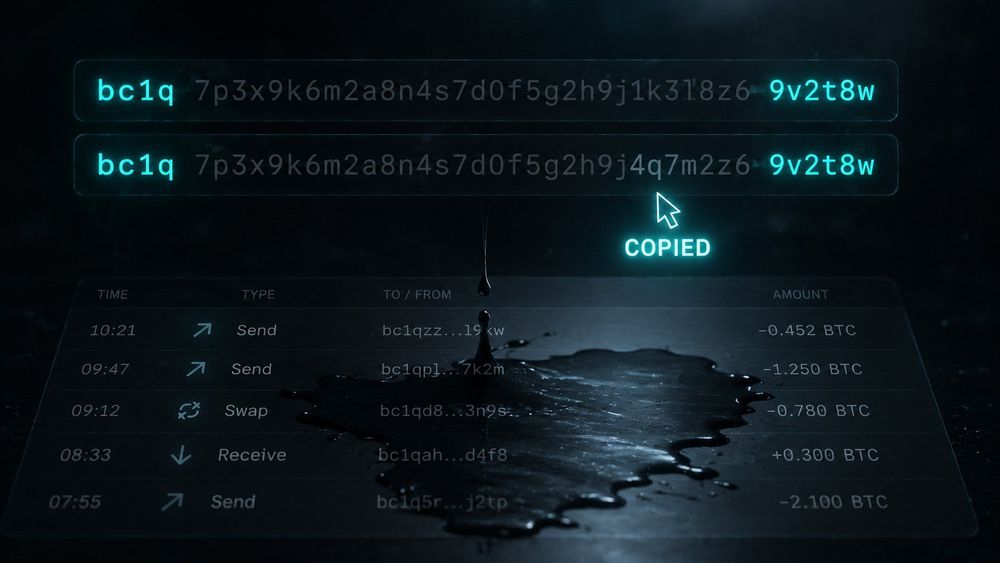 Two nearly identical bitcoin addresses side by side with a copied marker and a transaction list below