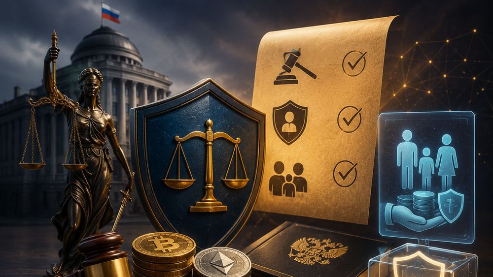 Lady Justice, a shield with scales and Bitcoin & Ethereum coins in front of a Russian government building