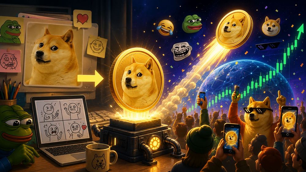 Dogecoin, Pepe and Shiba Inu meme coins with a hype crowd and a rising chart