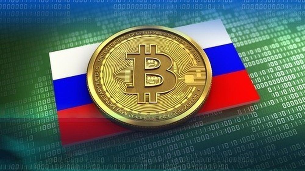 Bitcoin coin over the flag of Russia