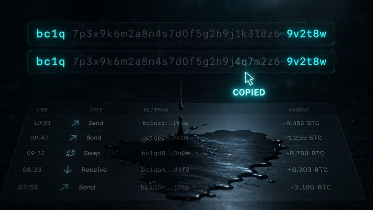 Two nearly identical bitcoin addresses side by side with a copied marker and a transaction list below