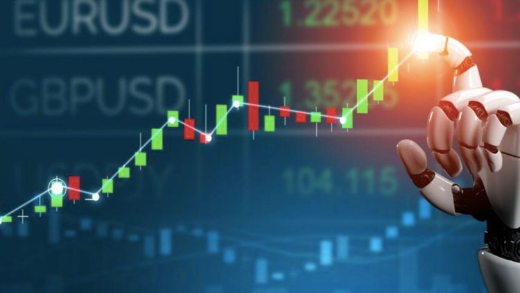 Robotic hand touching a rising candlestick chart on an exchange terminal