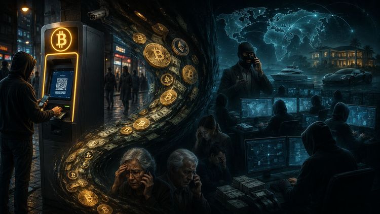 A worried person at a crypto kiosk (Bitcoin ATM) on the phone scanning a QR code, illustrating how cash turns into an irreversible crypto transfer in an $11 billion scam