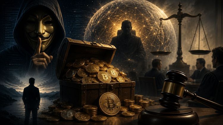 Satoshi Nakamoto silhouette over dormant Bitcoin wallets and a courtroom gavel, symbolizing the $293 billion abandoned-coins dispute