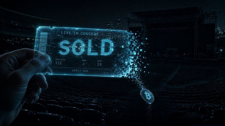 A concert ticket dissolving into pixels above empty arena seats with a bitcoin coin falling