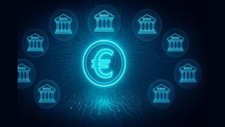 Euro symbol surrounded by bank icons