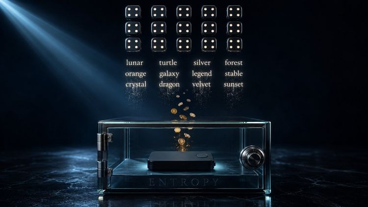 An unbranded black hardware wallet sealed inside a glass vault etched with the word entropy, identical dice and seed words floating above
