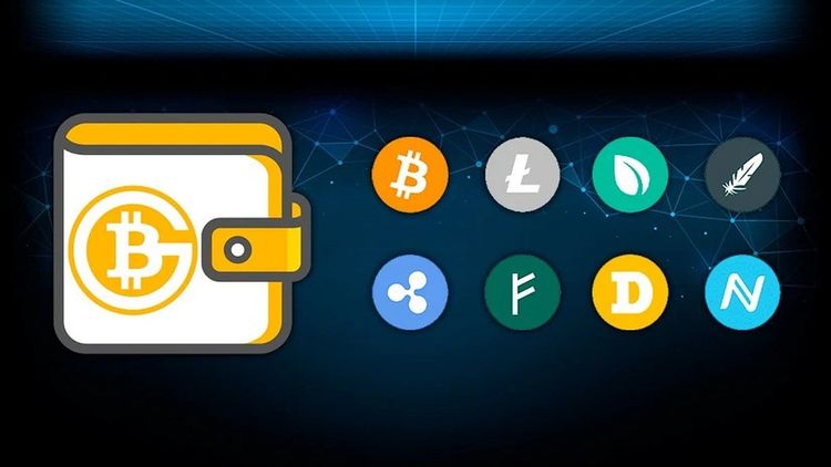 Crypto wallet illustration with bitcoin and altcoin logos